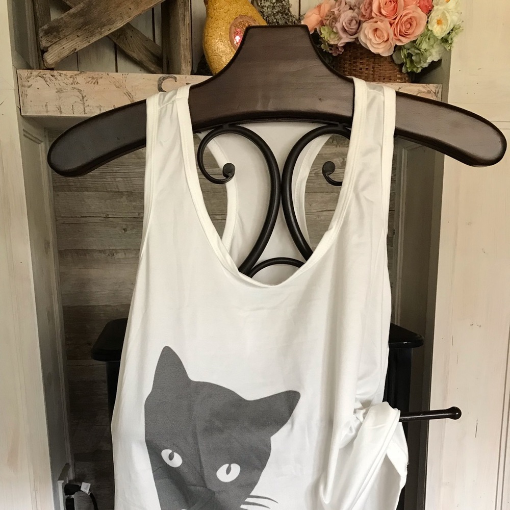NWOT White Racerback Tank with Black Cat Head